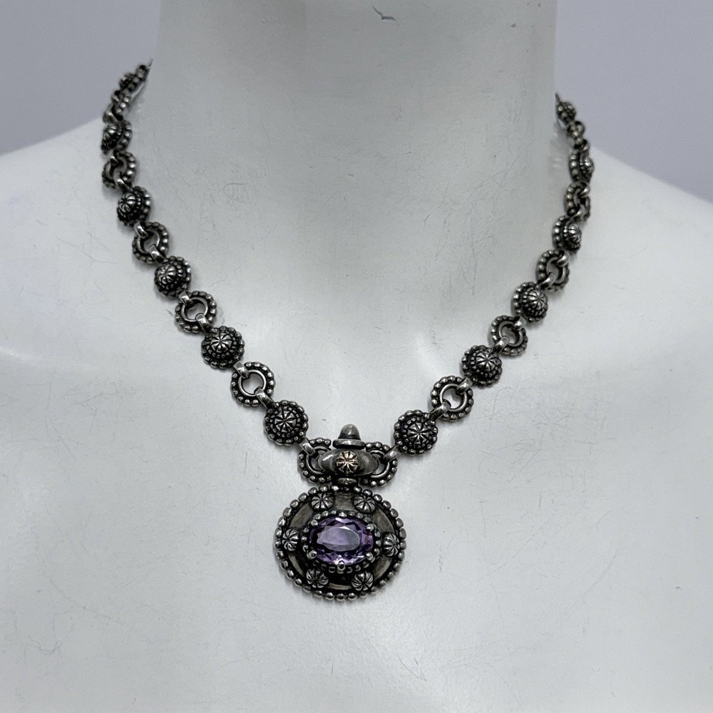 Vintage B.C. Silver Ned Bowman Sterling Gold Amethyst Necklace 16 3/4" Long